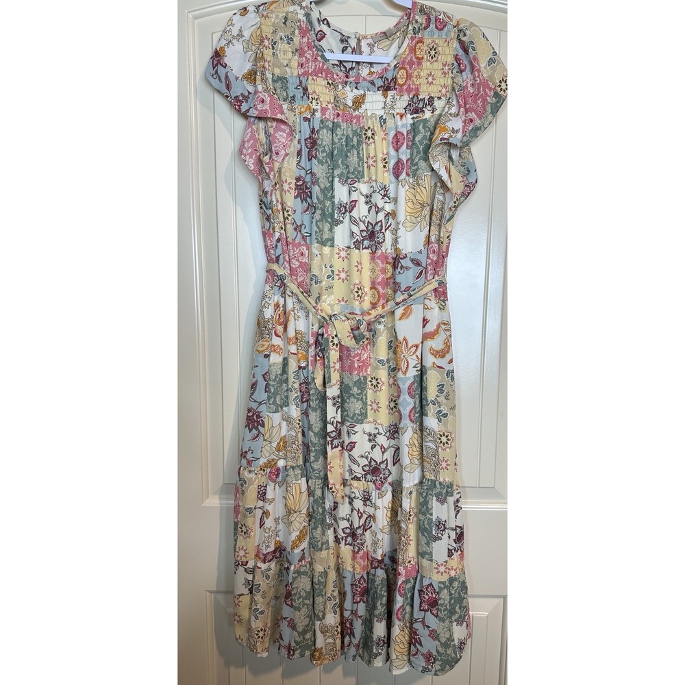 Tiered Midi Dress Floral Patchwork tie waist boho cottagecore sz M smocked fall